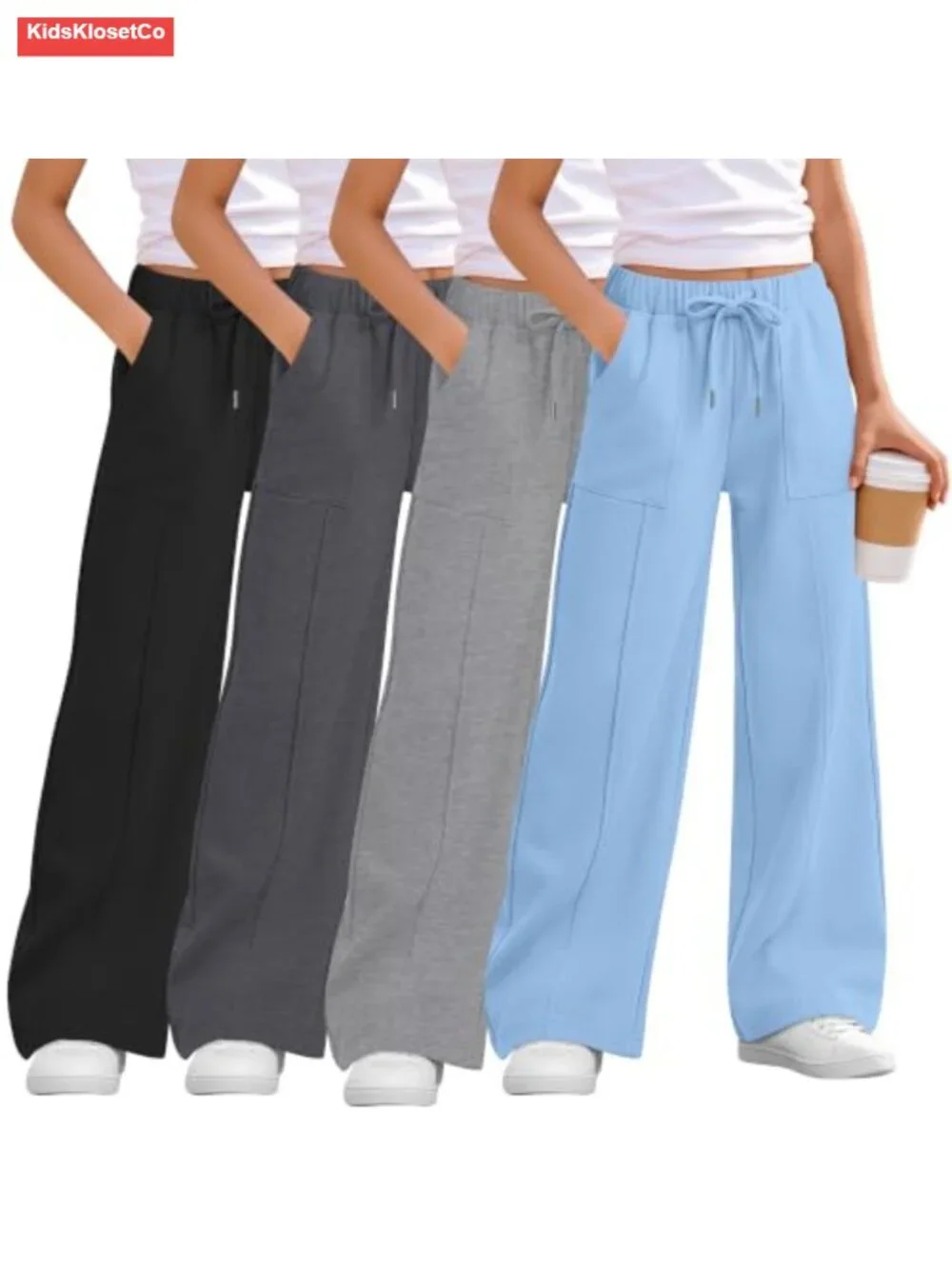Girls Sweatpants 4 Pack Wide Leg Loose Fit Drawstring 95% Polyester 5% Spandex
